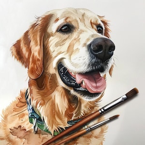 Hondenportret schilderen, huisdierportret op maat, hondenschilderij, handverf hondenportret, golden retriever, aquarel op bestelling op foto