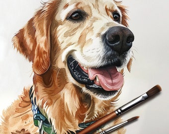 Dog Portrait Painting, Custom Pet Portrait, Dog Painting,Hand Paint Dog Portrait, Golden Retriever,  Watercolor painting to order by photo