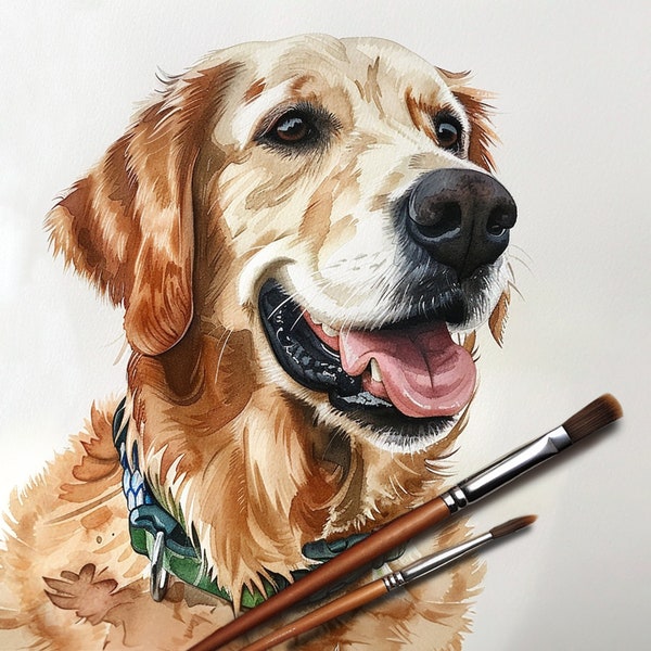 Hundeportrait, individuelles Haustierportrait, Hundegemälde, handgemaltes Hundeportrait, Golden Retriever, Aquarellmalerei auf Bestellung per Foto