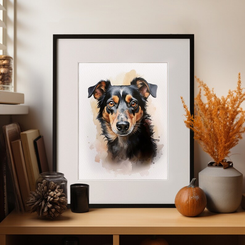 Watercolor painting of a dog: A bright and realistic image created by an artist using watercolor paints on special watercolor paper. Order a portrait of your pet and keep his unique look for years to come in your home.