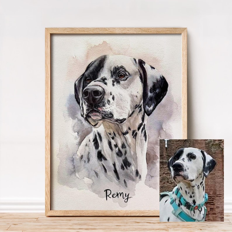 May include: Watercolor portrait of a Dalmatian dog in a wooden frame. The dog has a black and white spotted coat, with the name "Remy" written below. A smaller photo of the dog is in the bottom right corner.