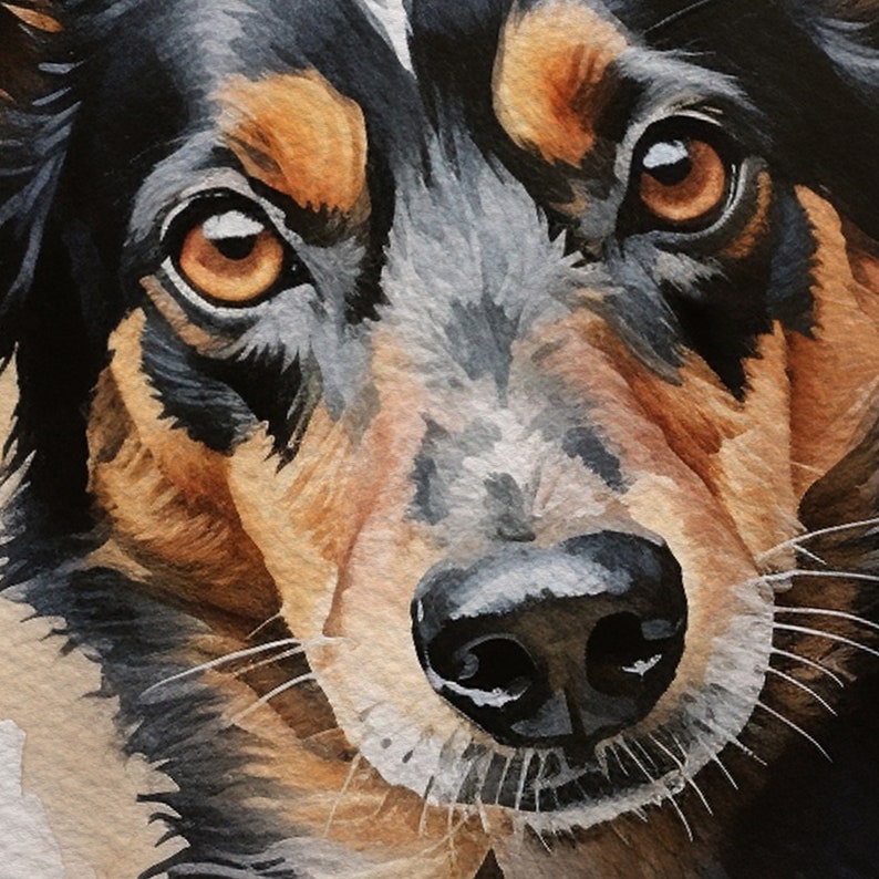 Watercolor painting of a dog: A bright and realistic image created by an artist using watercolor paints on special watercolor paper. Order a portrait of your pet and keep his unique look for years to come in your home.