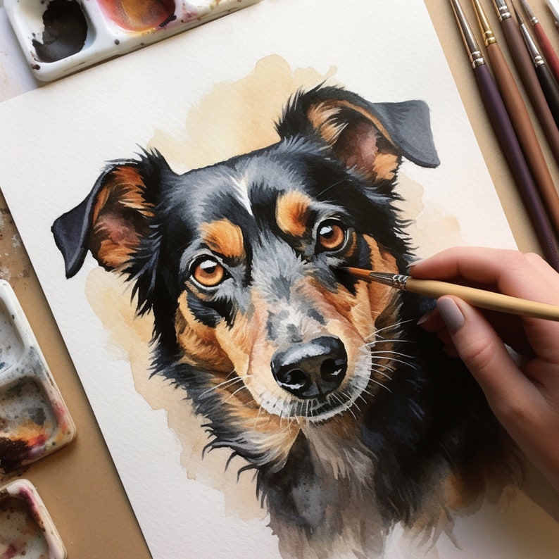 Watercolor painting of a dog: A bright and realistic image created by an artist using watercolor paints on special watercolor paper. Order a portrait of your pet and keep his unique look for years to come in your home.