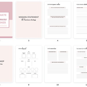 May include: A pink and white printable business planner with the title "Ultimate Business Planner" and "My Business Planner". The planner includes sections for market research, mission statement, brand board, shop overview, and more.