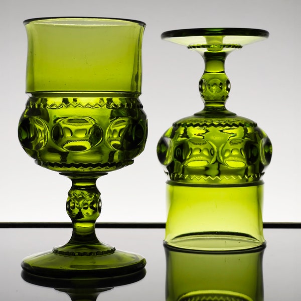 Vintage Indiana Glass Kings Crown Thumbprint Water Goblets / Water Glasses, Set of 2, Avocado Green, Bohemian, VTG Vintage Glassware