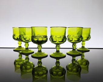 Vintage Indiana Glass Kings Crown Thumbprint Small Water Goblets / Water Glasses, Set of 4, Avocado Green, Bohemian, VTG Vintage Glassware