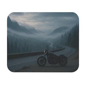 May include: A black motorcycle parked on the side of a winding road. The road curves through a mountain range shrouded in fog. The sky is overcast, and the scene has a moody, adventurous feel.