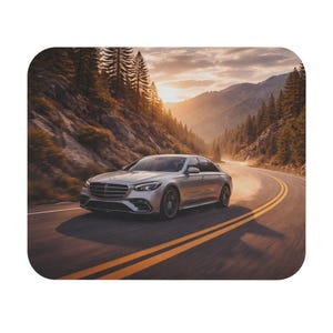 May include: A silver sedan speeds along a winding mountain road. The car kicks up dust as it navigates a curve, with a backdrop of pine trees and a sunset. The road has yellow lane markings.