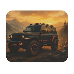 May include: A black SUV with orange accents is parked on a dirt road, set against a backdrop of mountains and a sunset. The vehicle has a roof rack and large off-road tires. The image has a painterly style.
