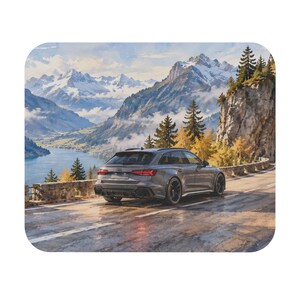 Nardo Grey 2021 Audi RS6 Avant Alpine Tunnel Road Watercolor Mousepad | Car Art Desk Mat | Gift for Car Lovers
