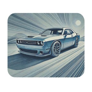May include: A blue Dodge Challenger muscle car speeding down a road with a white stripe on the hood. The car is drawn in a blue and white pencil sketch style.