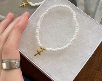 18K Gold Cross Bracelet, White Seed Bead Faith Jewelry