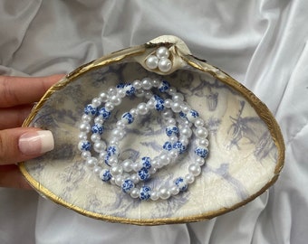 Ceramic Blue-flower and pearl beaded stretchy bracelet