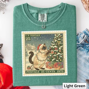 Siamese Christmas Vintage Cat T-Shirt, Siamese Cat Stamp t Shirt, Holiday Cat t-Shirt, Cat Lover, Gift for Cat Mom, Women's Christmas Gift image 2