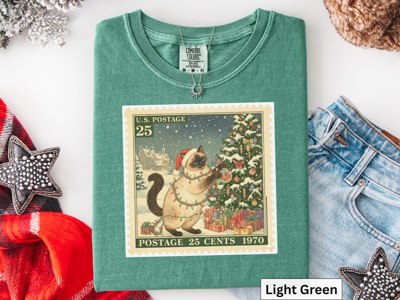 Siamese Christmas Vintage Cat T-Shirt, Siamese Cat Stamp t Shirt, Holiday Cat t-Shirt, Cat Lover, Gift for Cat Mom, Women's Christmas Gift image 2