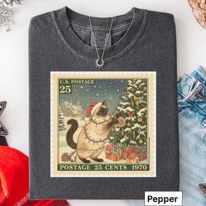 Siamese Christmas Vintage Cat T-Shirt, Siamese Cat Stamp t Shirt, Holiday Cat t-Shirt, Cat Lover, Gift for Cat Mom, Women's Christmas Gift image 6