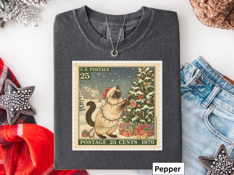 Siamese Christmas Vintage Cat T-Shirt, Siamese Cat Stamp t Shirt, Holiday Cat t-Shirt, Cat Lover, Gift for Cat Mom, Women's Christmas Gift image 6