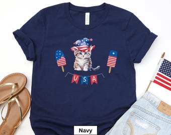 Patriotic Tabby Cat Tee, USA Flag Cat Shirt, 4th of July Cat Shirt, Independence Day Cat Shirt, Forth of July Tabby Cat Tee Gift