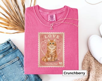 Orange Cat Valentines Day Stamp t-shirt, Retro Cat Valentines Day Shirt, Gift for Cat Lovers, Orange Tabby Cat Gift, Ginger Cat Shirt Gift