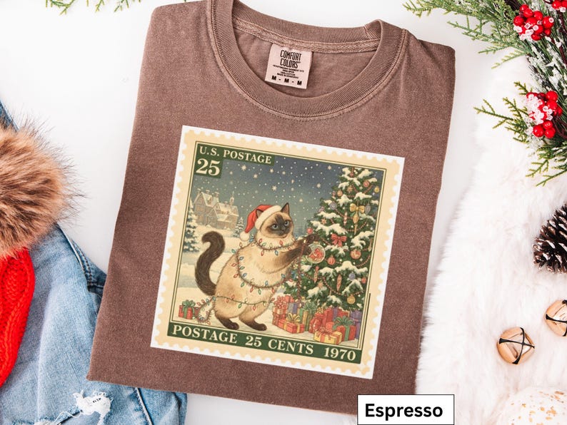Siamese Christmas Vintage Cat T-Shirt, Siamese Cat Stamp t Shirt, Holiday Cat t-Shirt, Cat Lover, Gift for Cat Mom, Women's Christmas Gift image 5