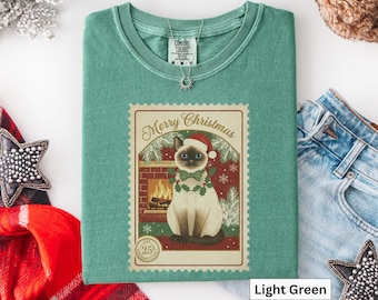 Siamese Christmas Cat Stamp T-Shirt, Siamese Cat Stamp t Shirt, Holiday Cat t-Shirt, Cat Lover, Gift for Cat Mom, Women's Christmas Gift