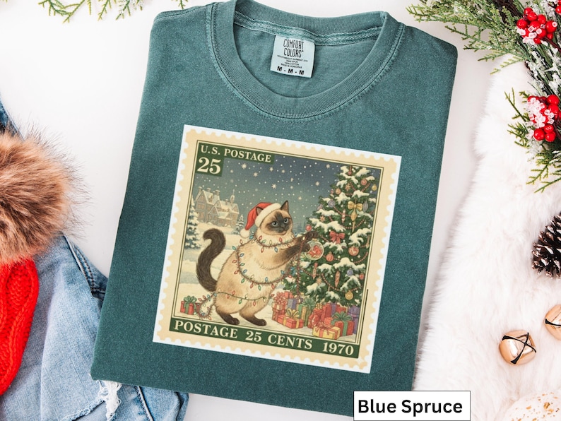 Siamese Christmas Vintage Cat T-Shirt, Siamese Cat Stamp t Shirt, Holiday Cat t-Shirt, Cat Lover, Gift for Cat Mom, Women's Christmas Gift image 4