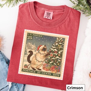 Siamese Christmas Vintage Cat T-Shirt, Siamese Cat Stamp t Shirt, Holiday Cat t-Shirt, Cat Lover, Gift for Cat Mom, Women's Christmas Gift image 3