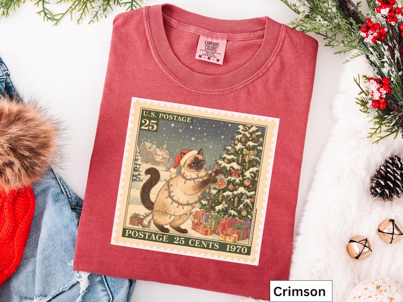 Siamese Christmas Vintage Cat T-Shirt, Siamese Cat Stamp t Shirt, Holiday Cat t-Shirt, Cat Lover, Gift for Cat Mom, Women's Christmas Gift image 3