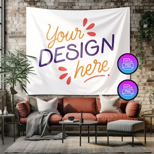 Wall Tapestry Mockup | 104x88 Inches Horizontal Tapestry Mockup | Editable Tapestry Mockup | Boho Tapestry | Smart Object PSD and Canva PNG