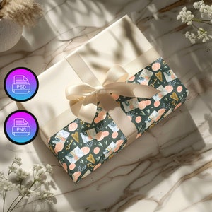 May include: A gift box wrapped in green and white patterned paper with a beige ribbon. The pattern features envelopes, hearts, keys, and flowers.