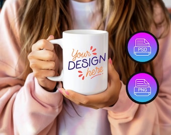 15oz Coffee Mug Mockup | White Ceramic Cup, PNG & PSD (Digital Download)