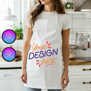 Może przedstawiać: Biały fartuch z napisem "Your DESIGN here" w kolorze pomarańczowym i fioletowym. Fartuch nosi osoba w kuchni.