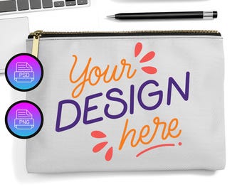 Accessoire-Tasche Mockup: Schwarzer Reissverschluss, Gold Anhänger (PNG & Smart Objekt PSD)