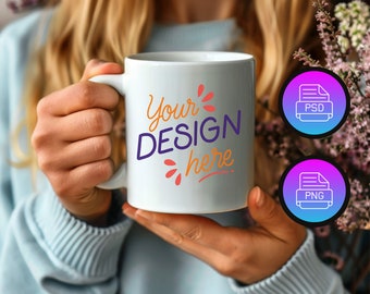 11 oz Ceramic Mug Mockup: White Coffee Cup (PNG, PSD)