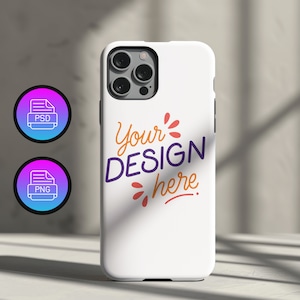 Könnte beinhalten: Weiße Handyhülle mit schwarzem Kameraobjektiv und dem Text "Your DESIGN here" in Lila, Orange und Rosa.