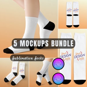 May include: Five mockups of white socks with black trim. The socks are blank and ready for sublimation printing. The text "Your Design Here" is on the socks. The mockups are available in PSD and PNG formats.
