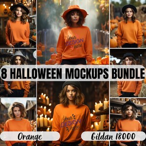 Puede incluir: Ocho maquetas de Halloween con una persona que lleva una sudadera naranja con el texto "Your Design Here". Las maquetas están ambientadas con calabazas, velas y otras decoraciones de Halloween.