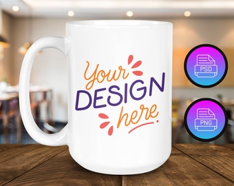 15 oz White Mug Mockup: Ceramic Coffee Cup, Smart Object (PSD & PNG)