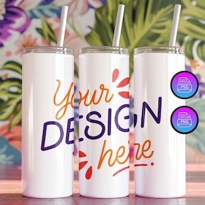 3 Tumblers Mockup | 20 Oz Tumbler Mockup | Full Wrap Tumbler Mockup | Editable Skinny Tumbler Template | Smart Object PSD&Canva Overlay PNG