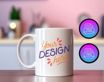 Ceramic Mug Mockup | White 11 oz Coffee Cup (PNG and PSD)