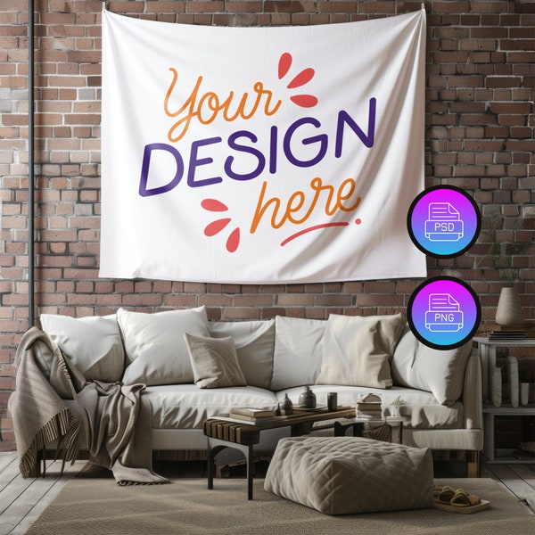 Wall Tapestry Mockup | 80x68 Inches Horizontal Tapestry Mockup | Editable Tapestry Mockup | Boho Tapestry | Smart Object PSD and Canva PNG
