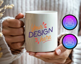 Ceramic Mug Mockup: 11 oz White Coffee Cup (PNG, PSD)