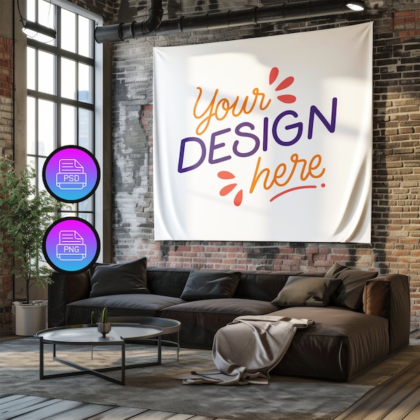 Wall Tapestry Mockup | 104x88 Inches Horizontal Tapestry Mockup | Editable Tapestry Mockup | Boho Tapestry | Smart Object PSD and Canva PNG