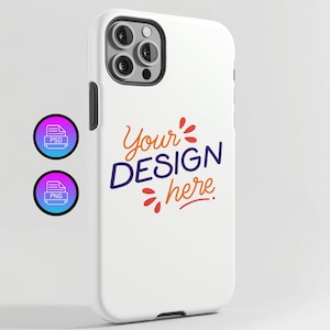 May include: White phone case with a camera lens cutout and the text "Your DESIGN here" in colorful lettering.