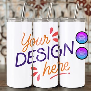 3 Tumblers Mockup | 20 Oz Tumbler Mockup | Full Wrap Tumbler Mockup | Editable Skinny Tumbler Template | Smart Object PSD&Canva Overlay PNG