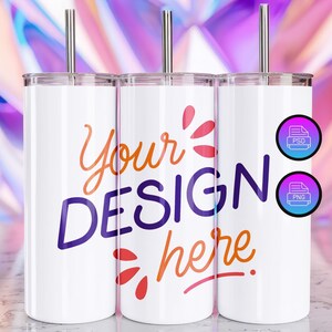 3 Tumblers Mockup | 20 Oz Tumbler Mockup | Full Wrap Tumbler Mockup | Editable Skinny Tumbler Template | Smart Object PSD&Canva Overlay PNG