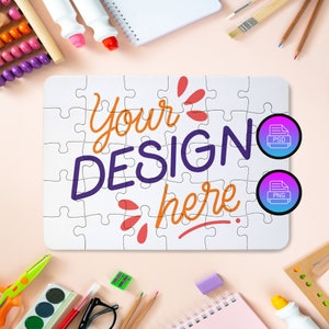 Dye Sublimation 30 Piece Puzzle Mockup | | Kids Puzzle Mockup | Puzzle Template | Insert Your Own Design & Background | Smart Object PSD