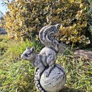 Puede incluir: Estatua de ardilla gris y blanca posada sobre una gran nuez texturizada. La ardilla tiene una cola tupida y detalles realistas. La estatua está situada en un entorno exterior cubierto de hierba con un fondo de follaje verde y amarillo.