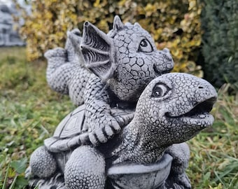 Escultura de dragón de hormigón sobre tortuga, decoración artística para jardín