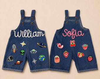 Custom Embroidered Baby Name Outfit, Personalized Kids Chenille Letter Patch Denim Romper, Baby Jean Overalls With Name, Birthday Party Gift
